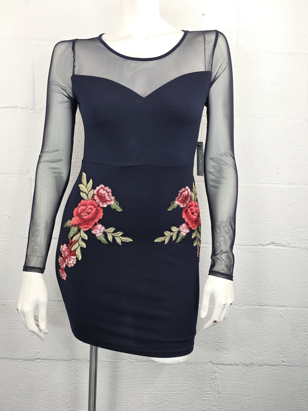 Sweet Rain Navy Mesh Long Sleeve Dress with Red Floral Embroidery